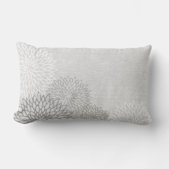 Gray and White Linen Flowers Outdoor Pillow (Front)