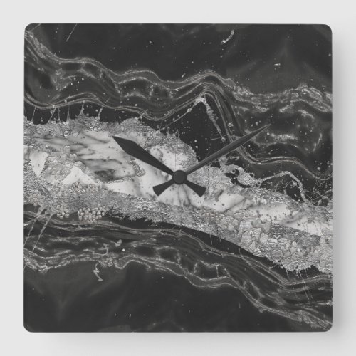 Gray and white marble and silver abstract square wall clock