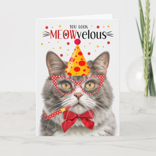 Gray and White Marble Cat MEOWvelous Birthday Card