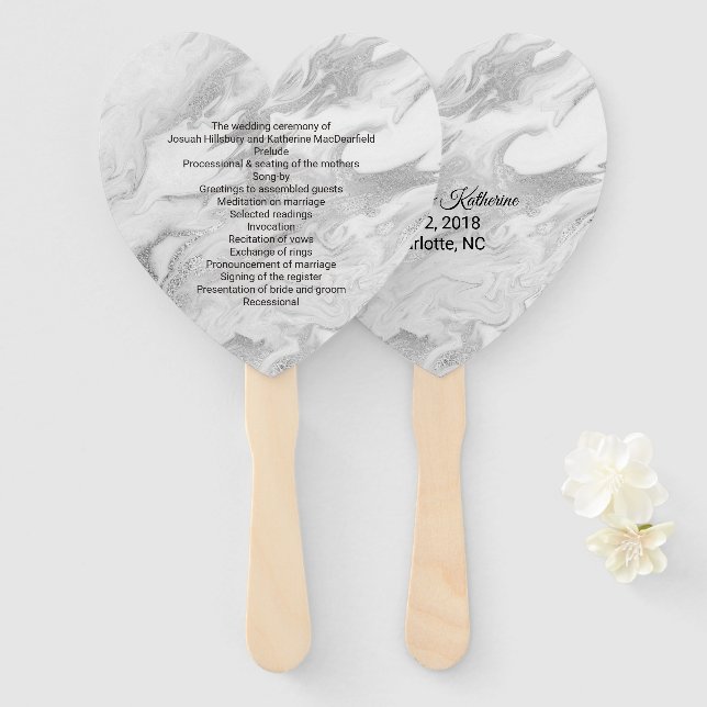 Gray and White Marbled Wedding Program Fan (Front and Back)