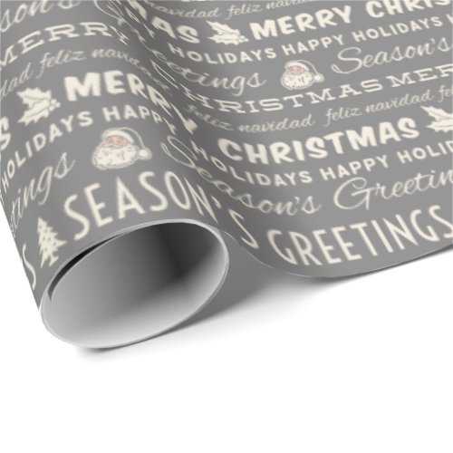 Gray and White Merry Christmas Retro Typography Wrapping Paper