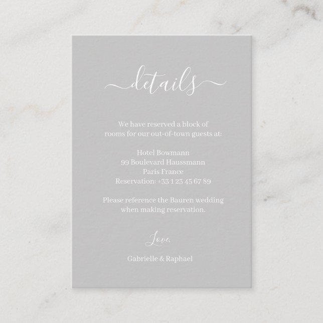 Gray and White Minimalist Wedding Hotel Detail Enclosure Card (Front)