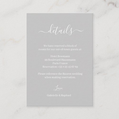 Gray and White Minimalist Wedding Hotel Detail Enclosure Card