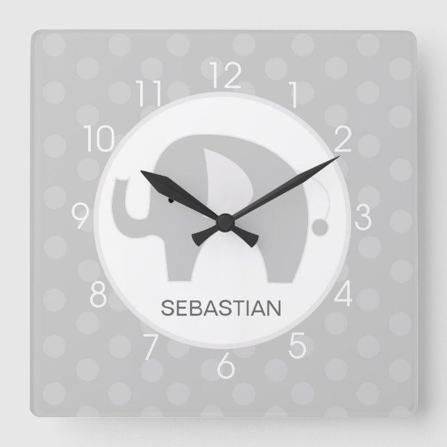 Gray and White Mod Elephant Wall Clock (Front)