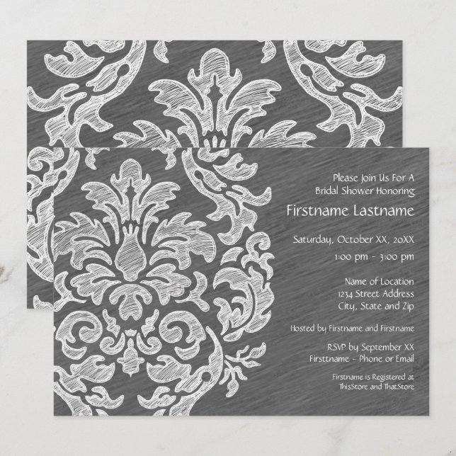 Gray and White Modern Damask Bridal Shower Party Invitation (Front/Back)