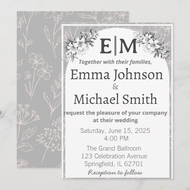 Gray and White Modern Elegance Floral Line Art Invitation (Front/Back)