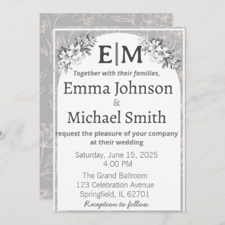 Gray and White Modern Elegance Floral Line Art Invitation