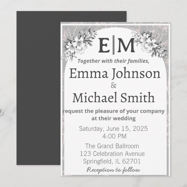 Gray and White Modern Elegance Floral Line Art Invitation (Front/Back)