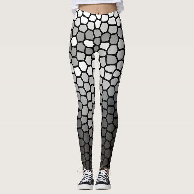Gray and White Modern Geometric Mosaic Honeycomb Leggings (Front)