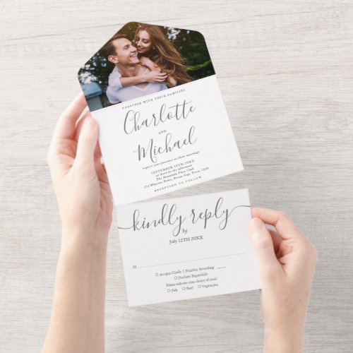 Gray And White Modern Script Photo Wedding All In One Invitation