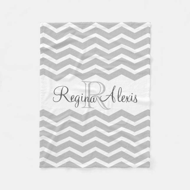 Gray and White Monogram Name Keepsake Chevron Fleece Blanket (Front)