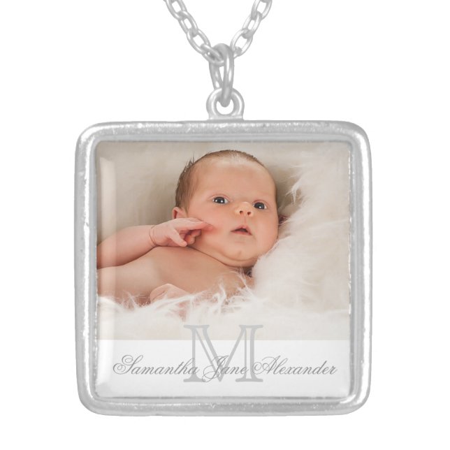 Gray and White Monogram with Photo Gift Necklace (Front)