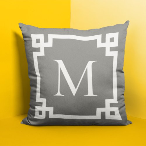 Gray and White Monogrammed Greek Key Border Throw Pillow