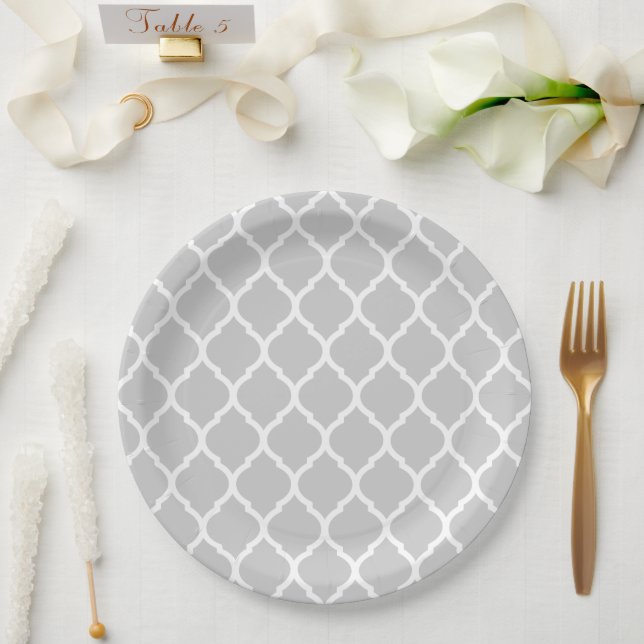Gray and White Moroccan Quatrefoil Paper Plates (Wedding)