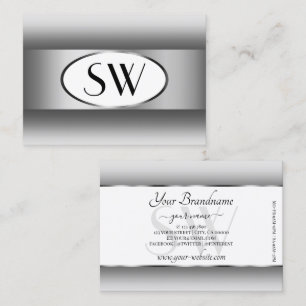 Gray and White Ombre Initials Silver Oval Frame Business Card