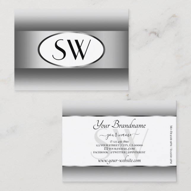 Gray and White Ombre Initials Silver Oval Frame Business Card (Front/Back)