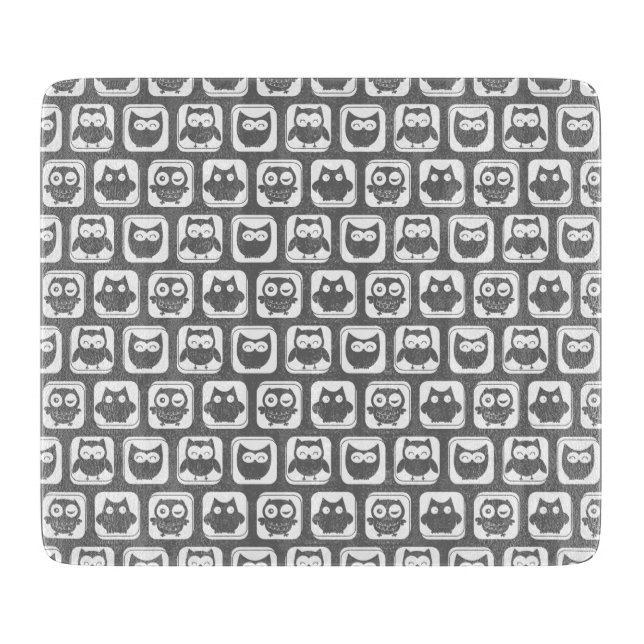 Gray and White Owl Pattern Cutting Board (Front)