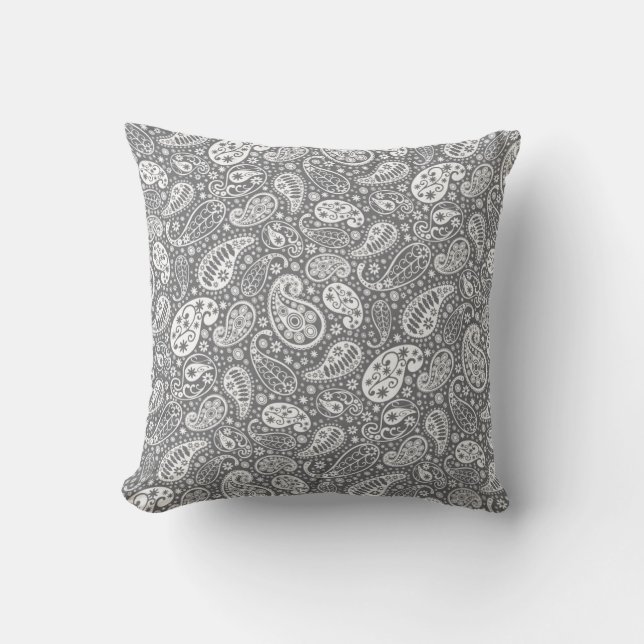 Gray and White Paisley Throw Pillow (Front)