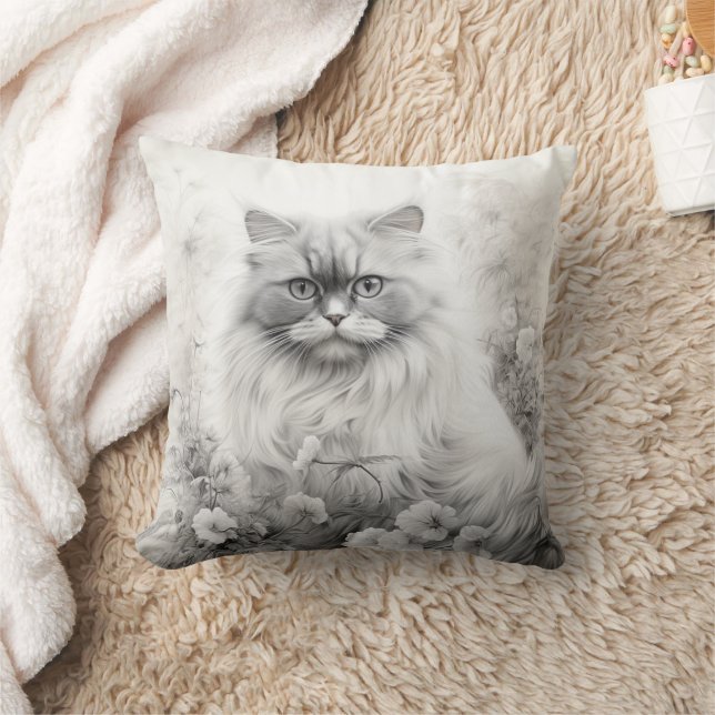 Gray and White Persian Cat Floral  Throw Pillow (Blanket)