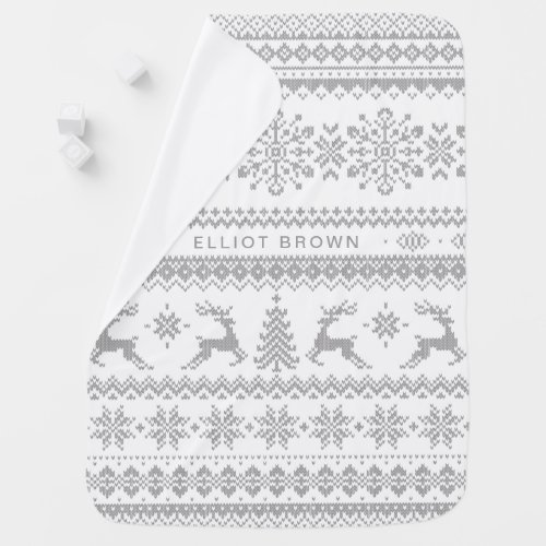 Gray And White Personalized Name Christmas Sweater Baby Blanket