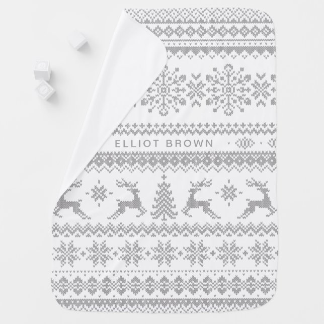 Gray And White Personalized Name Christmas Sweater Baby Blanket (In Situ)