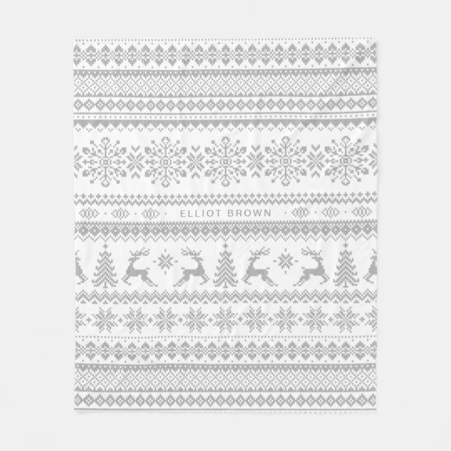 Gray And White Personalized Name Christmas Sweater Fleece Blanket (Front)