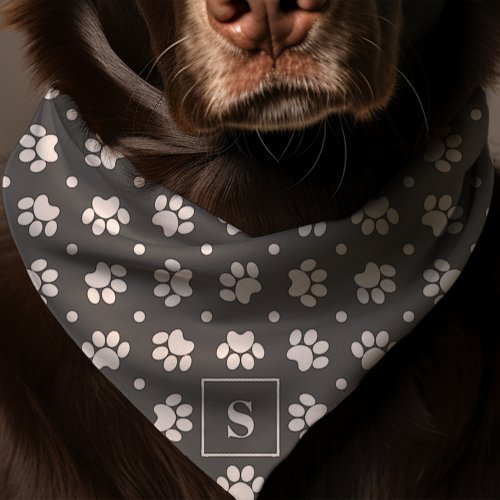 Gray And White Polka Dot Paw Print Monogram Dog Bandana