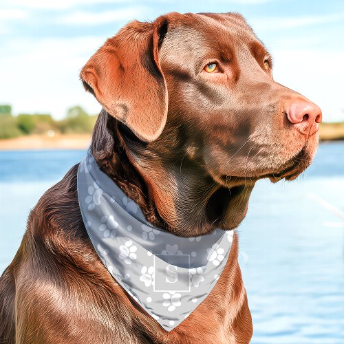 Gray And White Polka Dot Paw Print Monogram Pet Bandana Collar