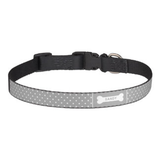 Gray And White Polka Dots With Bone & Name Pet Collar