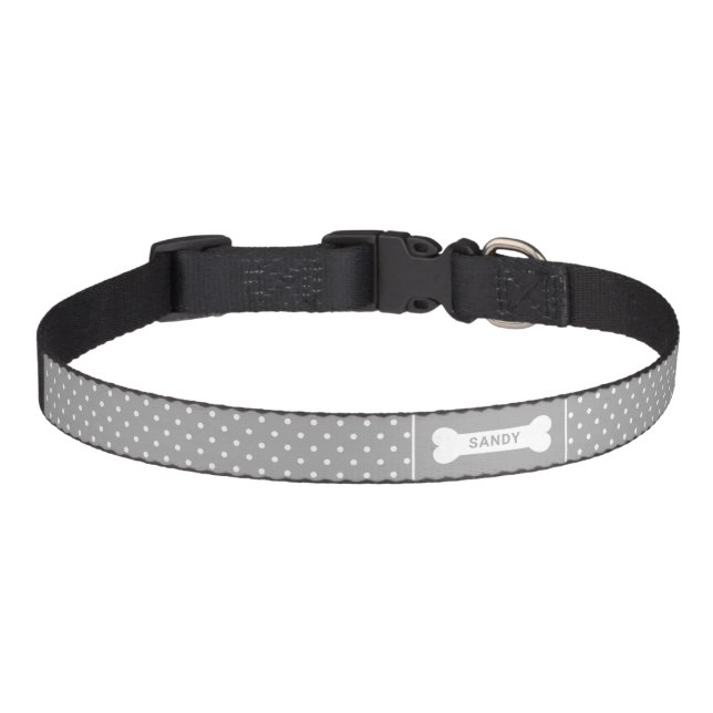 Gray And White Polka Dots With Bone & Name Pet Collar (Front)