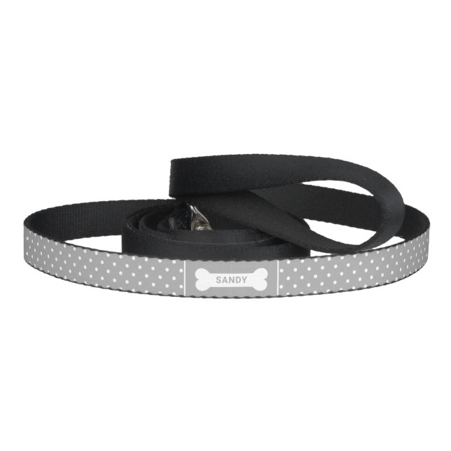 Gray And White Polka Dots With Bone & Name Pet Leash (Handle)