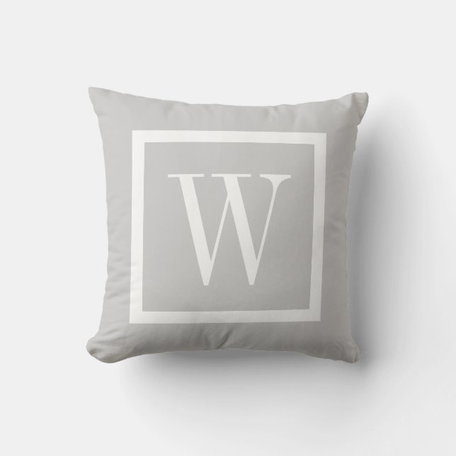 Gray and White Preppy Square Monogram Throw Pillow (Front)
