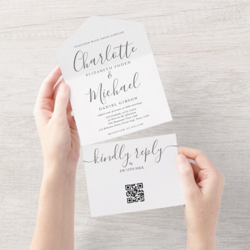 Gray And White QR Code Script Minimalist Wedding All In One Invitation