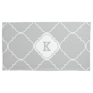 Gray and White Quatrefoil Pattern Monogrammed King Pillow Case