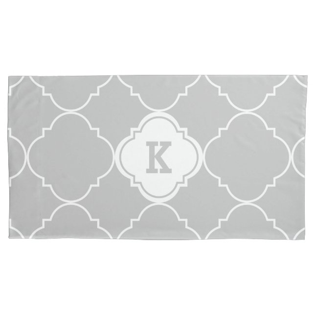 Gray and White Quatrefoil Pattern Monogrammed King Pillow Case (Front)