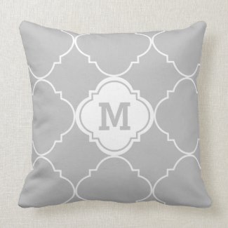 Gray and White Quatrefoil Pattern Monogrammed Throw Pillow