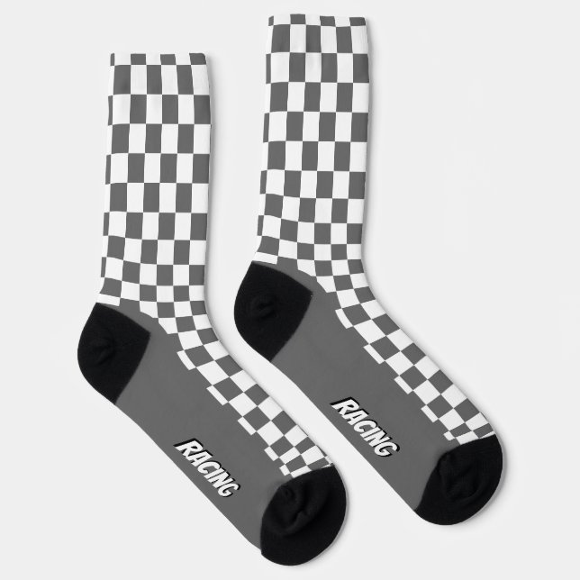 Gray And White Racing Check Socks (Right)