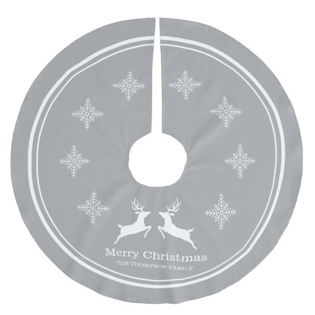 Gray And White Reindeers With Snowflakes Christmas Brushed Polyester Tree Skirt (Front)