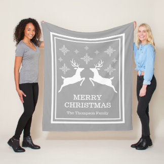 Gray And White Reindeers With Snowflakes Christmas Fleece Blanket