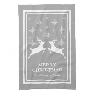 Gray And White Reindeers With Snowflakes Christmas Kitchen Towel