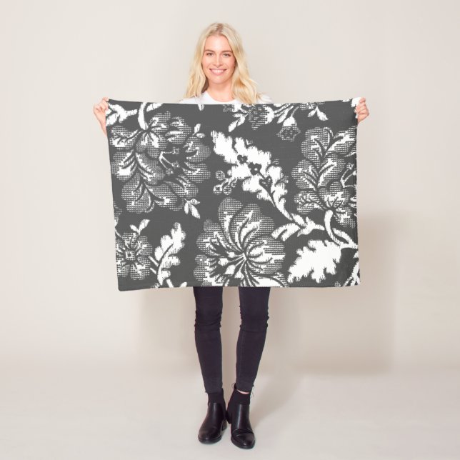 Gray And White Rustic Farmhouse Floral Pattern Fleece Blanket (In Situ)