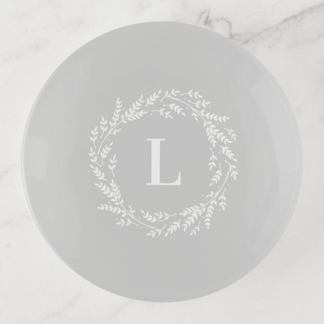 Gray and White Rustic Wreath Monogram Trinket Tray (Front)