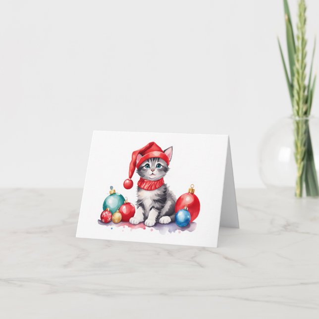 Gray and White Santa Kitten with Balls BLANK  Holiday Card (Front)