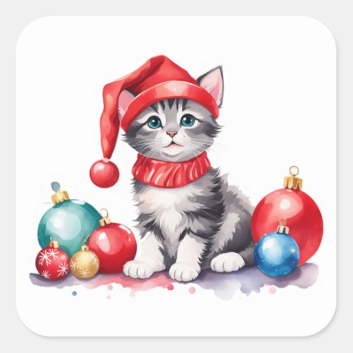 Gray and White Santa Kitten with Balls Square Sticker