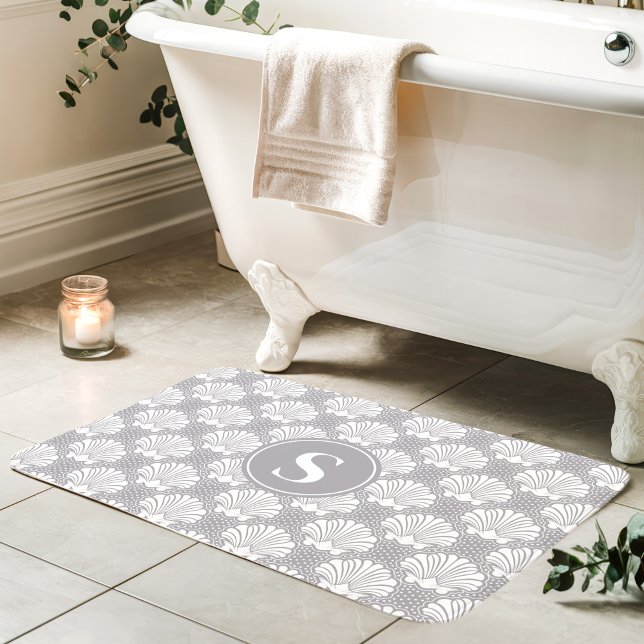 Gray and White Seashell Coastal Monogram Bath Mat (Creator Uploaded)