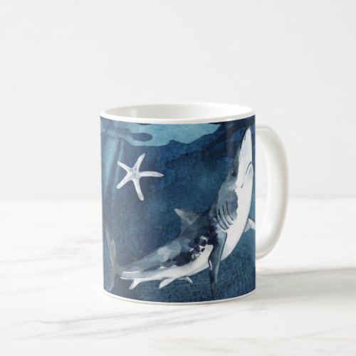 Gray and White Shark in the Watercolor Blue Ocean Coffee Mug