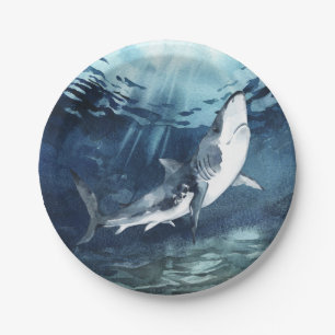 Gray and White Shark in the Watercolor Blue Ocean  Paper Plates