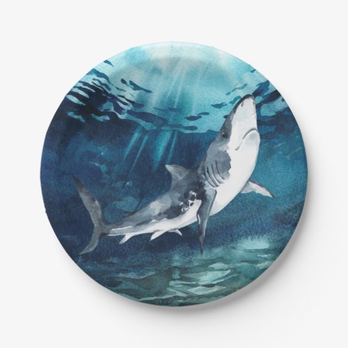 Gray and White Shark in the Watercolor Blue Ocean  Paper Plates