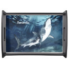 Gray and White Shark in the Watercolor Blue Ocean