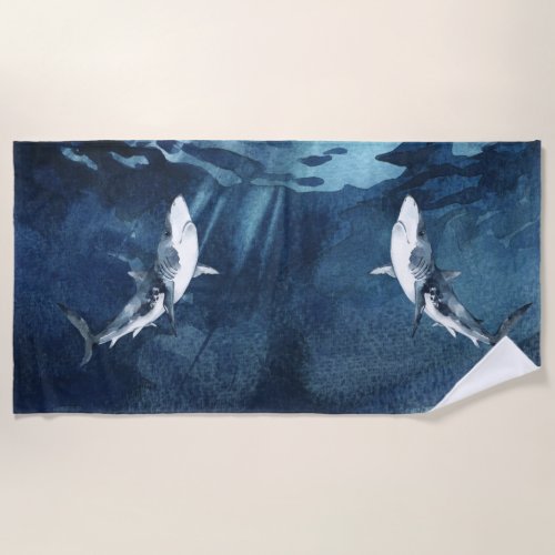 Gray and White Sharks in the Watercolor Blue Ocean Beach Towel